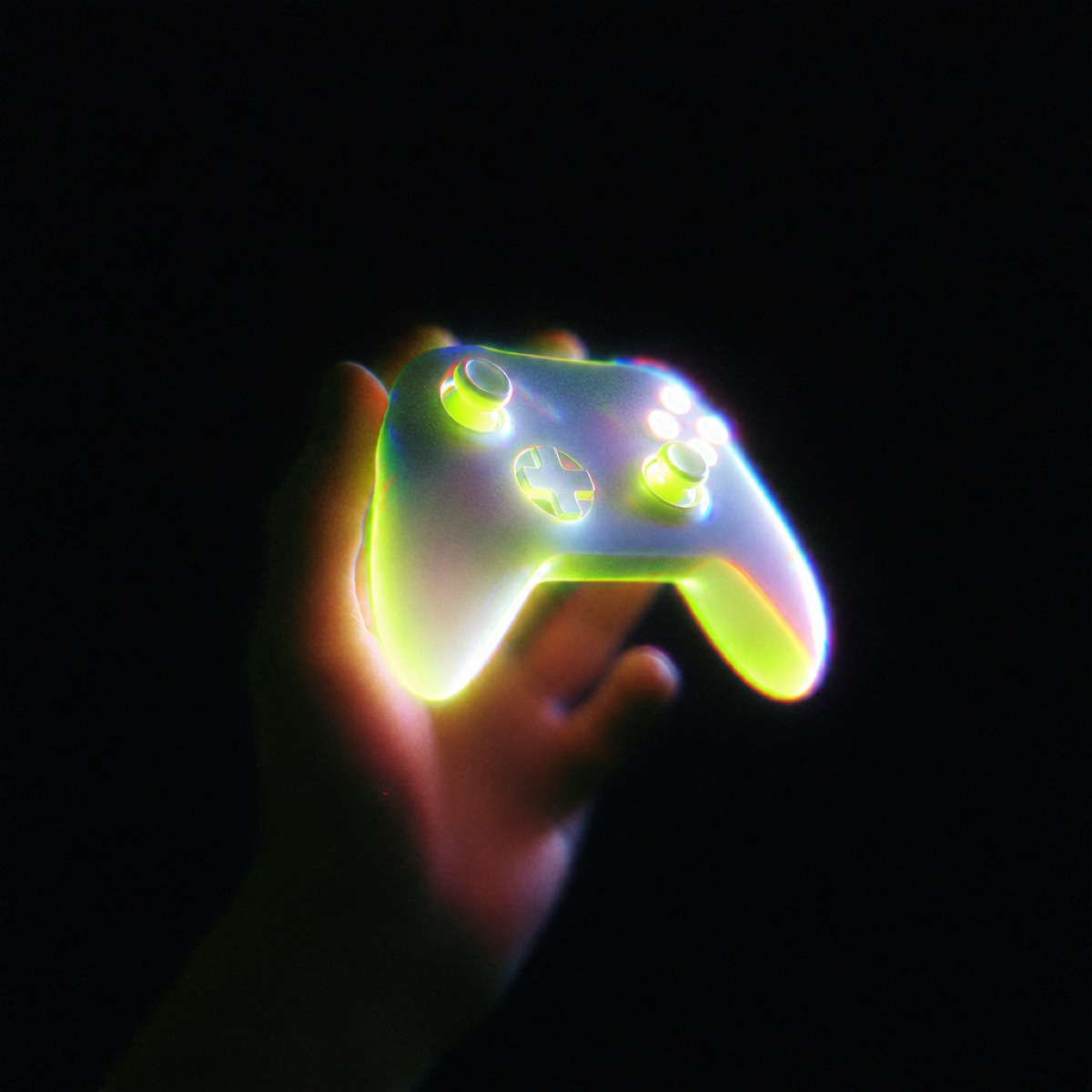 Hand holding a glowing lime controller