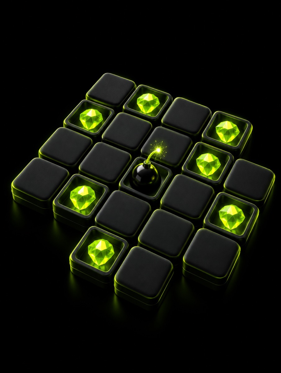 Mines grid revealing lime gems
